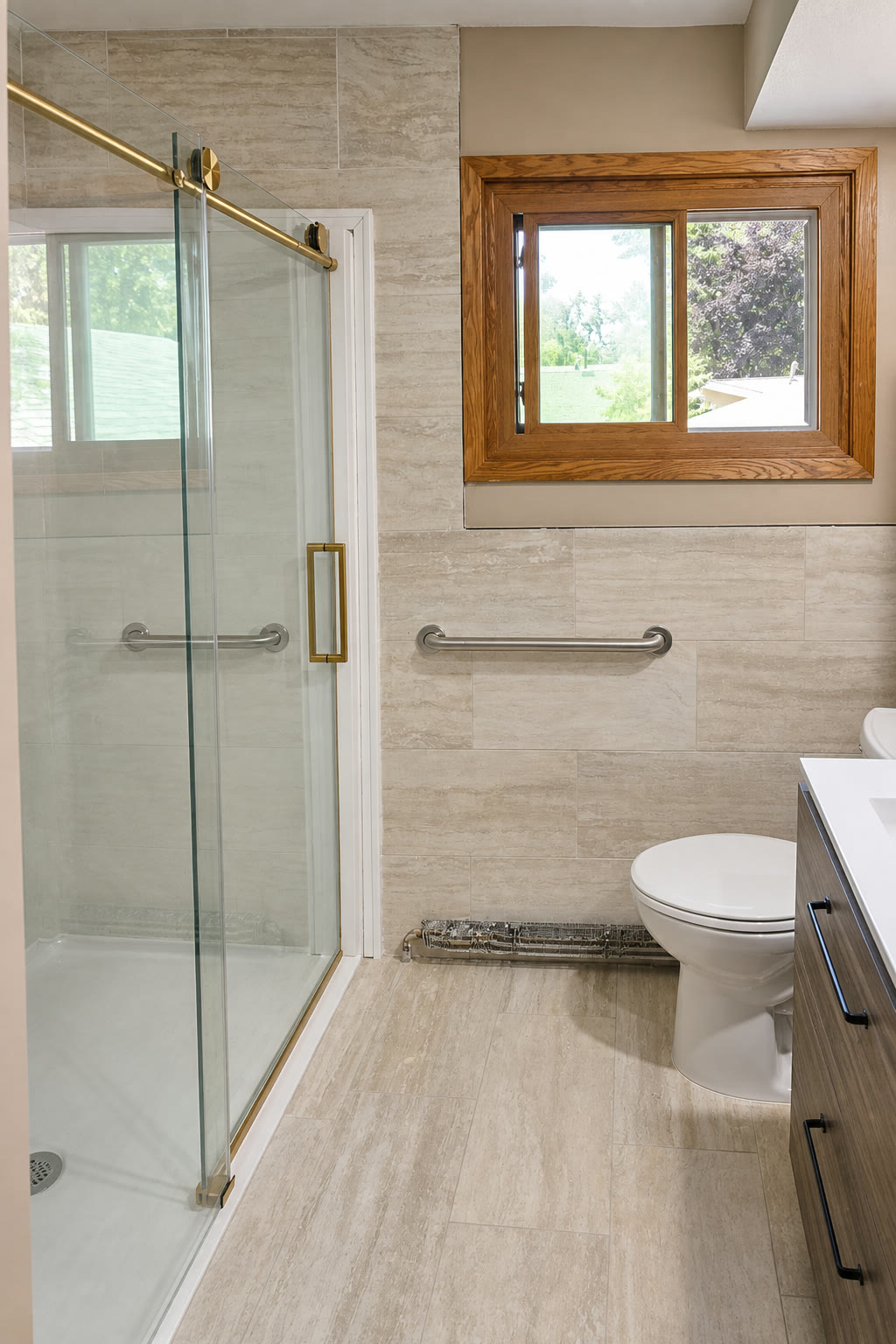 Tom Builders completed bathroom remodel with tiled shower, vanity, fixtures, and accessibility grab bars